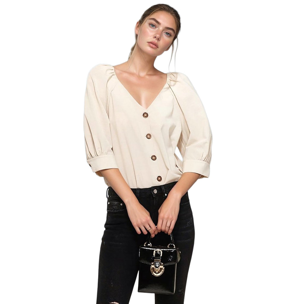 Pleione Puff Shoulder Button Down Blouse