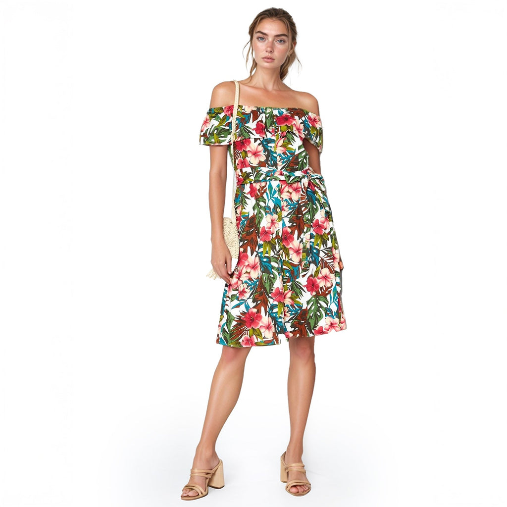 Pleione Tropical Off Shoulder Button Down Dress