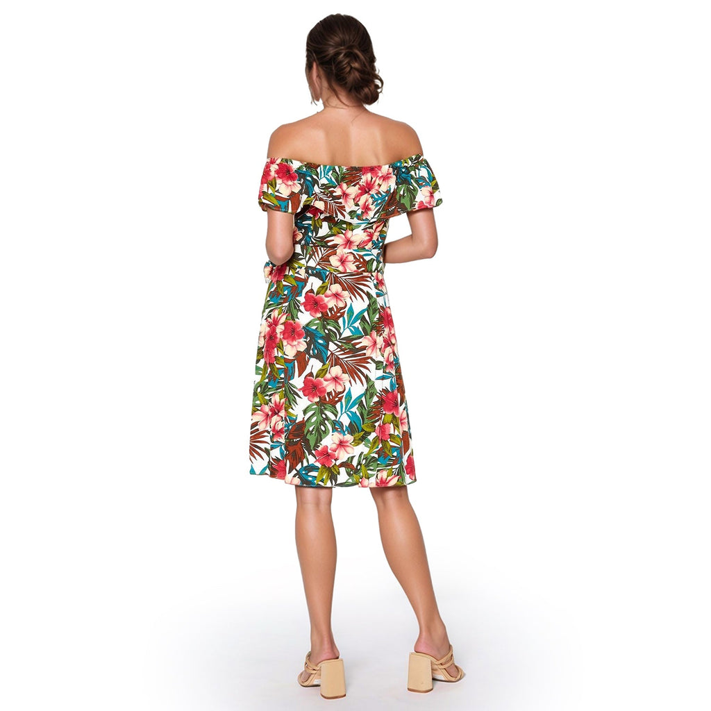 Pleione Tropical Off Shoulder Button Down Dress