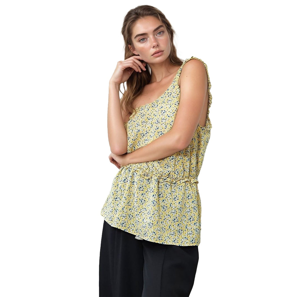 Pleione Ruffle Trim Floral Cami Blouse In Yellow