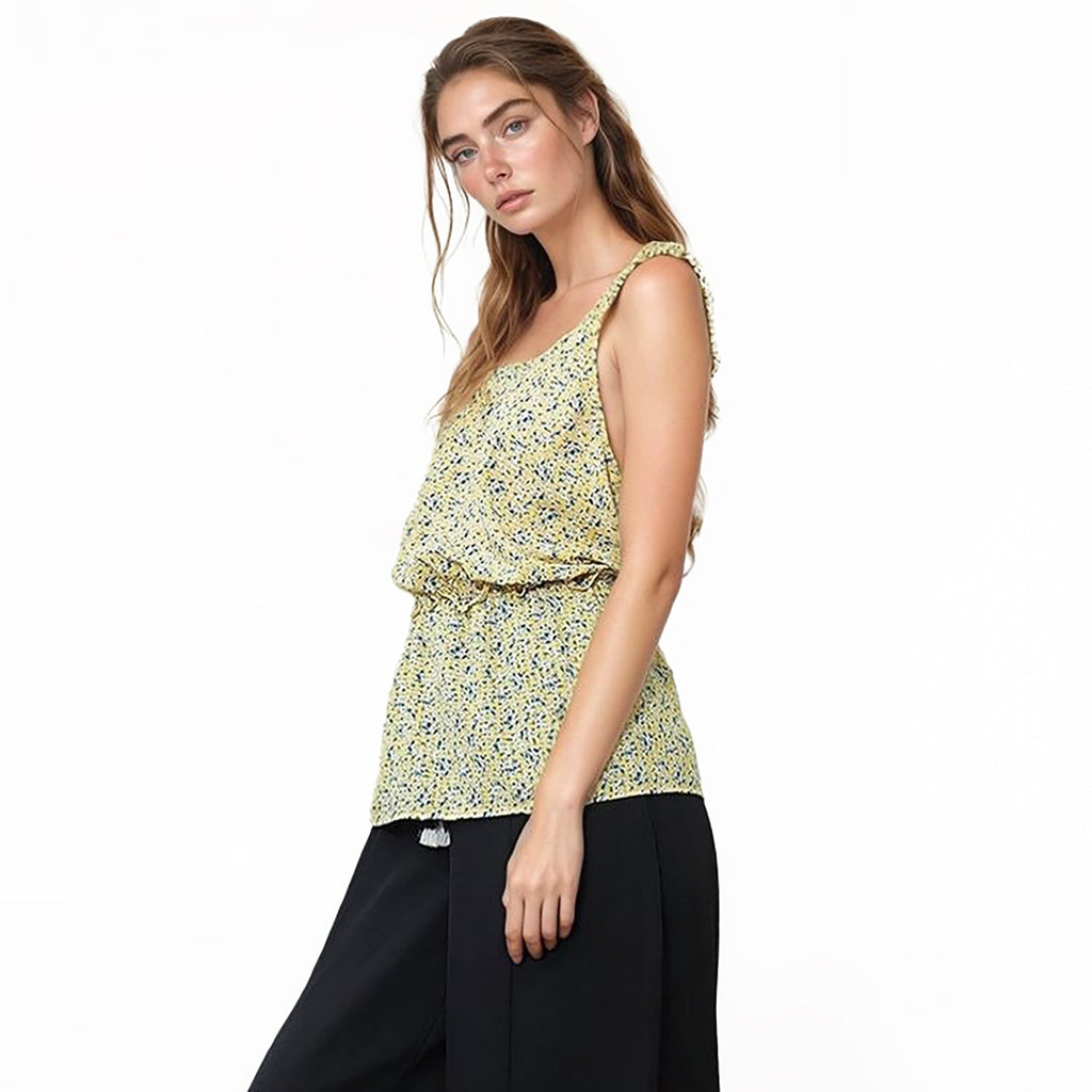 Pleione Ruffle Trim Floral Cami Blouse In Yellow