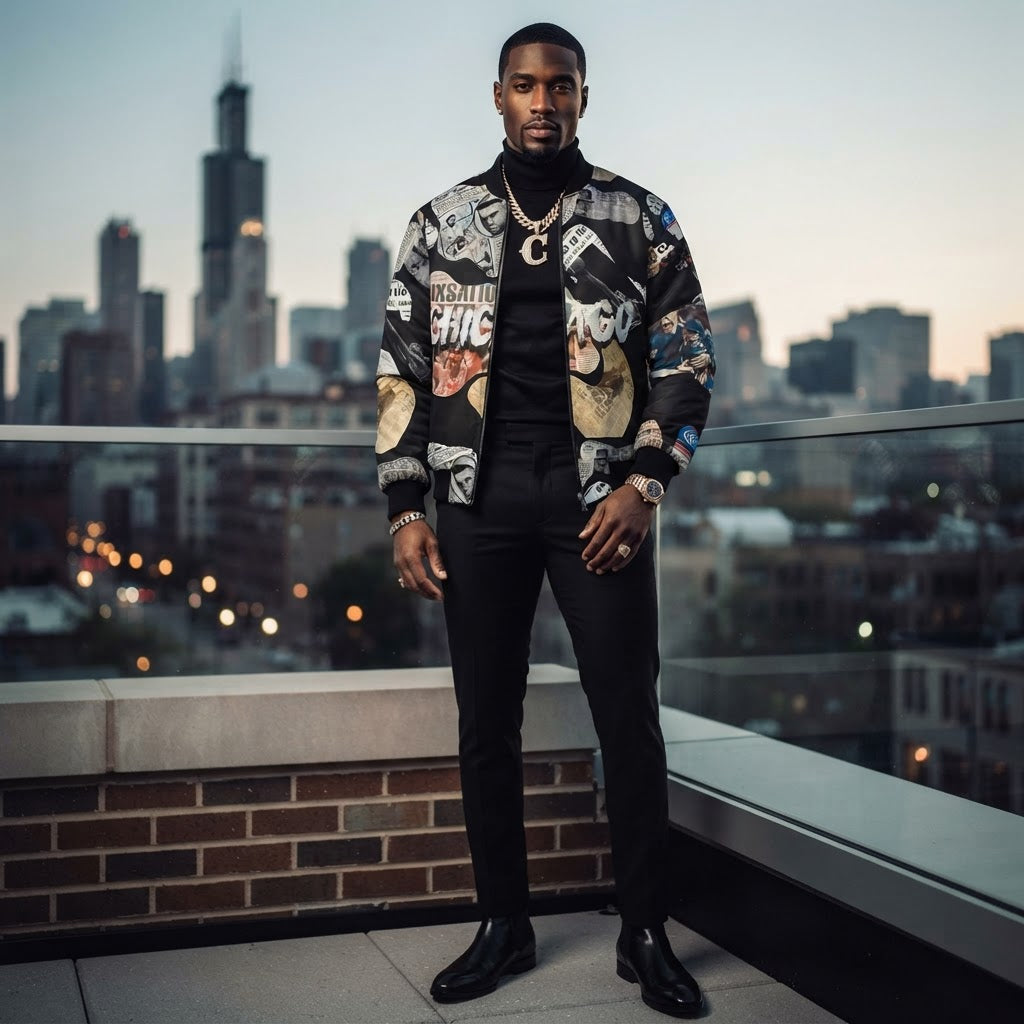 Chicago Newspaper Cutout Kimante All Black Bomber Jacket