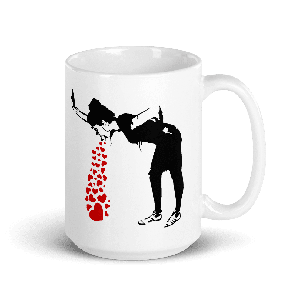 Banksy Lovesick Girl Throwing Up Hearts Artwork Mug