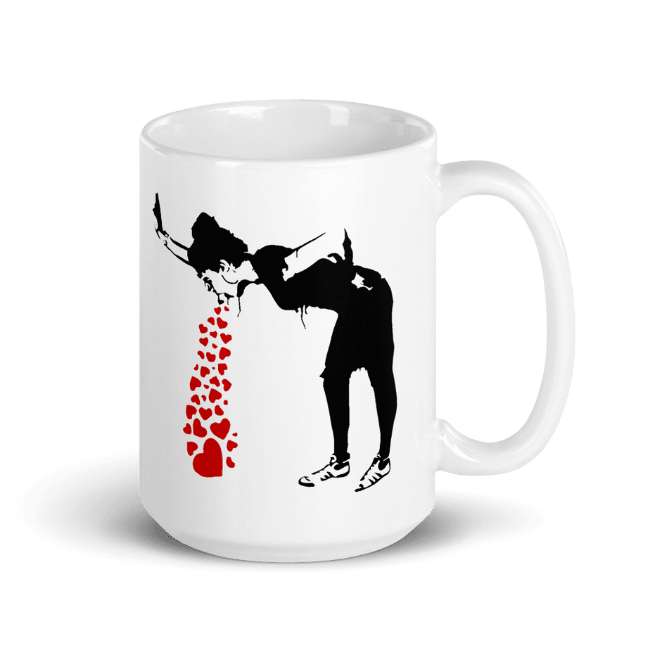 Banksy Lovesick Girl Throwing Up Hearts Artwork Mug