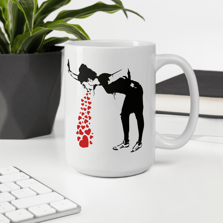 Banksy Lovesick Girl Throwing Up Hearts Artwork Mug