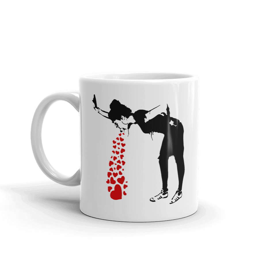 Banksy Lovesick Girl Throwing Up Hearts Artwork Mug