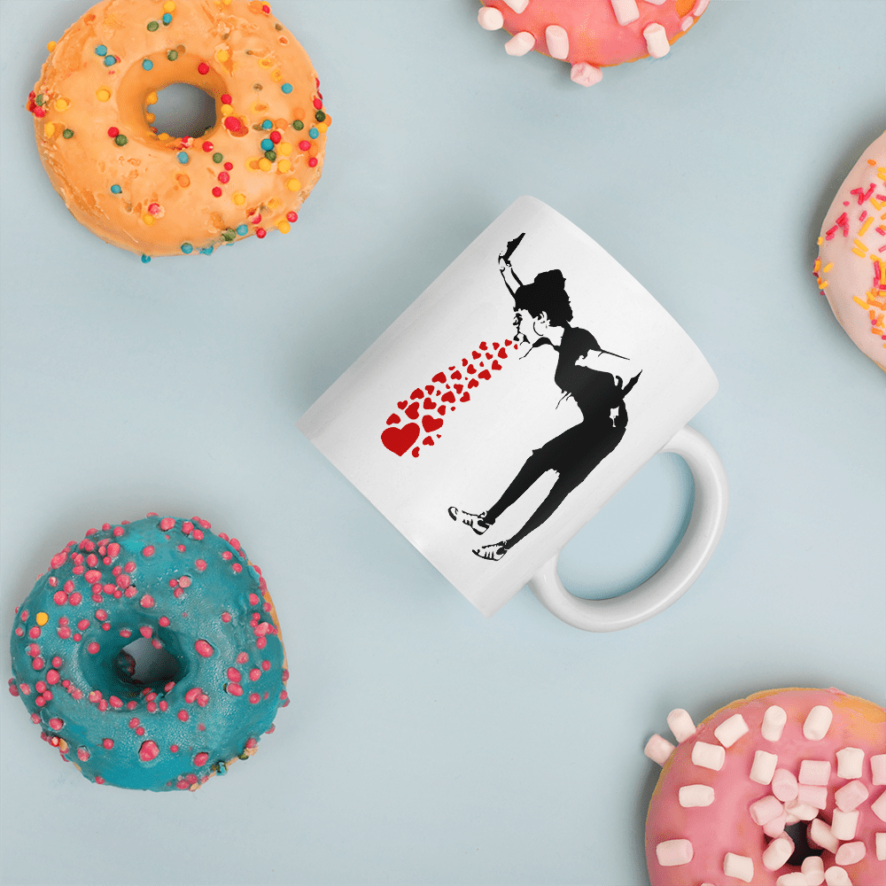 Banksy Lovesick Girl Throwing Up Hearts Artwork Mug