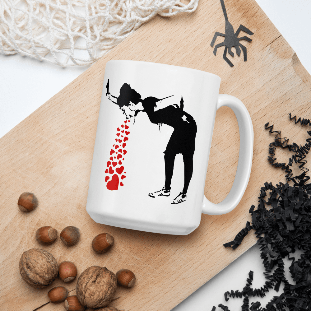 Banksy Lovesick Girl Throwing Up Hearts Artwork Mug