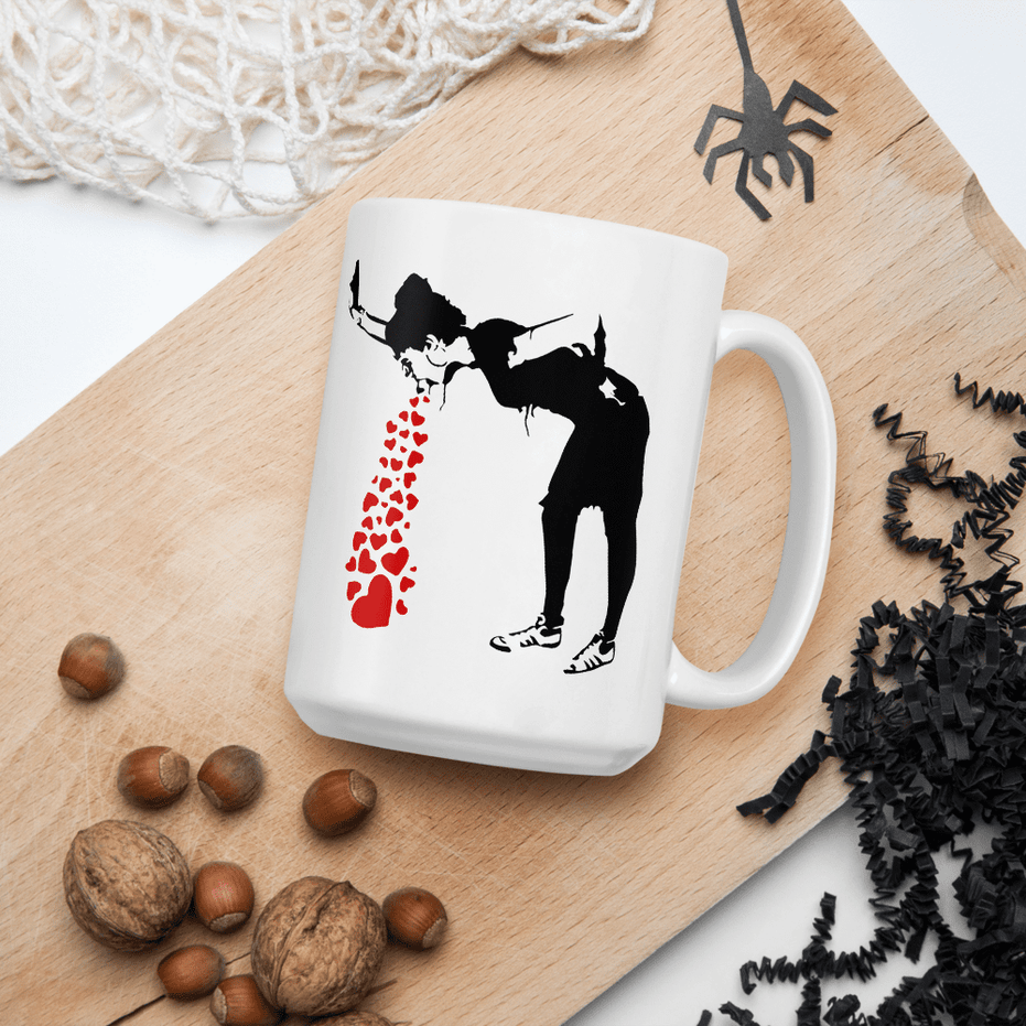 Banksy Lovesick Girl Throwing Up Hearts Artwork Mug