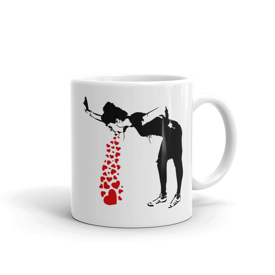 Banksy Lovesick Girl Throwing Up Hearts Artwork Mug