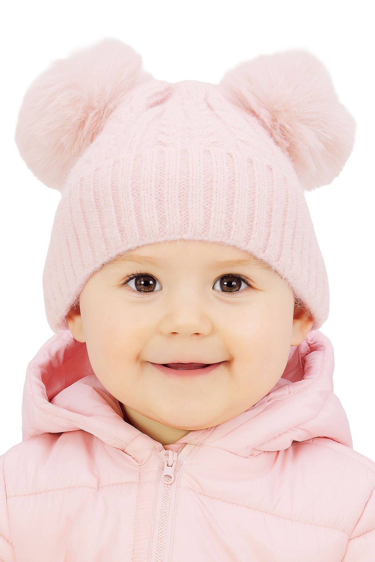 Toddlers Cable Knitted Double Pom Pom Beanie
