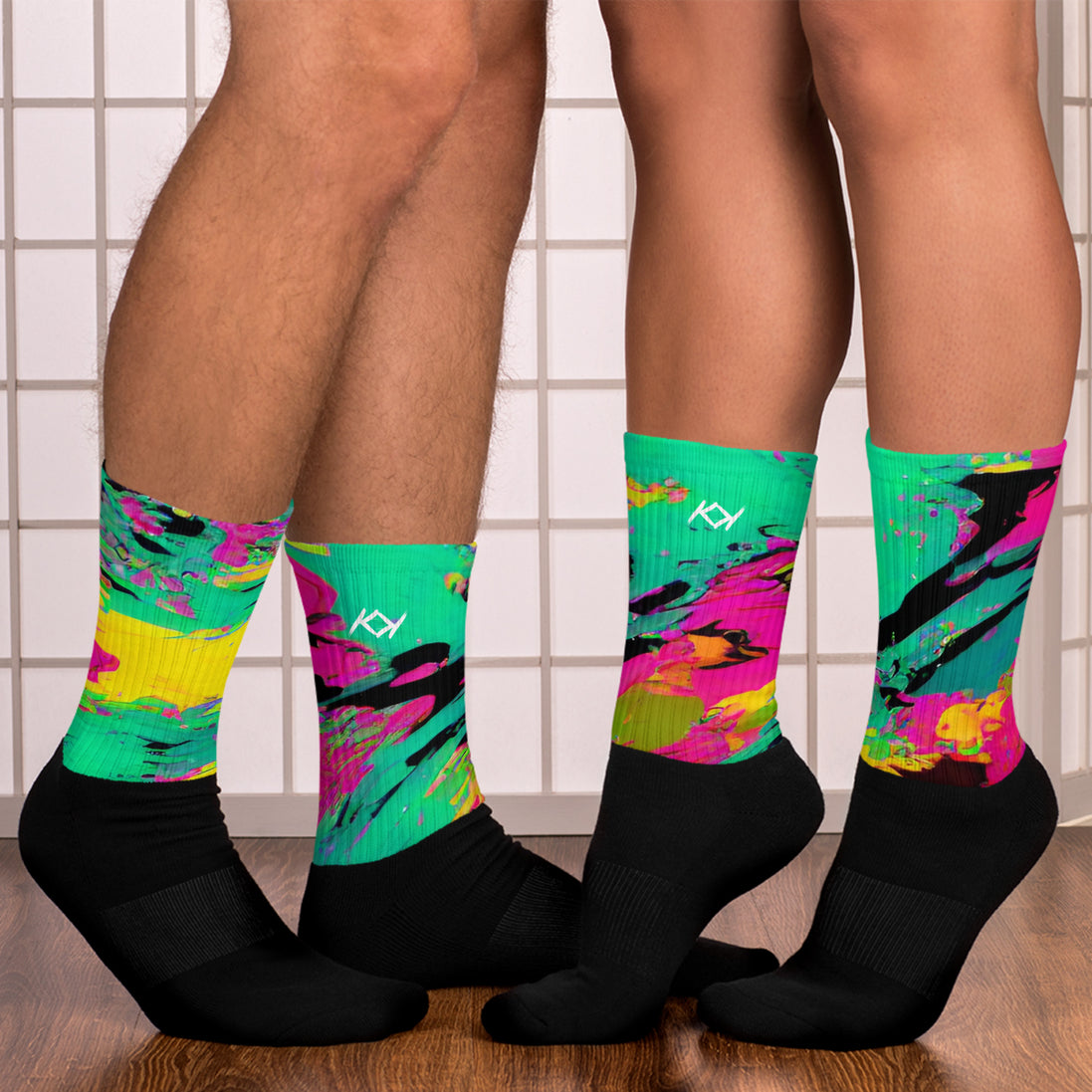 Kimante Green, Pink, Gold, and Black Swirl Socks