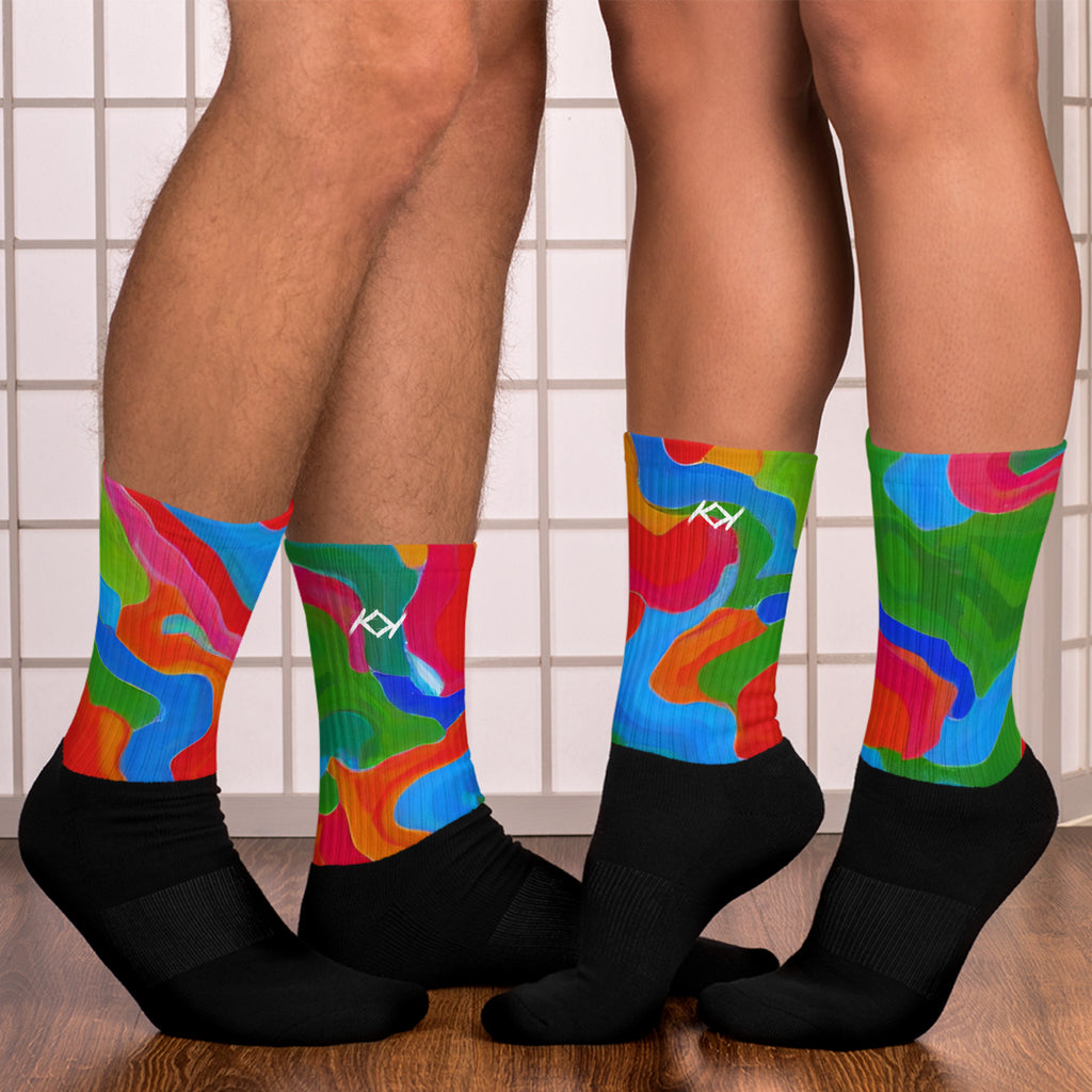 Kimante Red, Green Blue, and Yellow Floral Swirl Socks