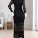 Perfee Lace Contrast Collared Neck Long Sleeve Midi Dress