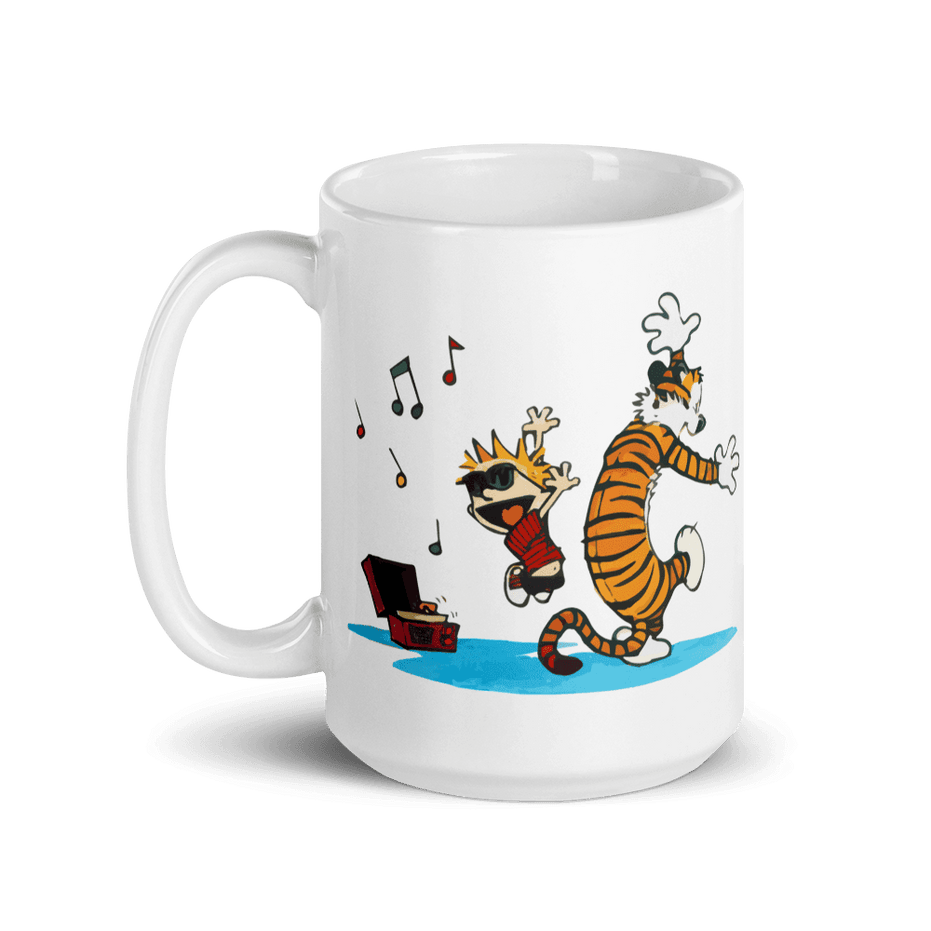 Calvin and Hobbes Dancing With Record Player Mug