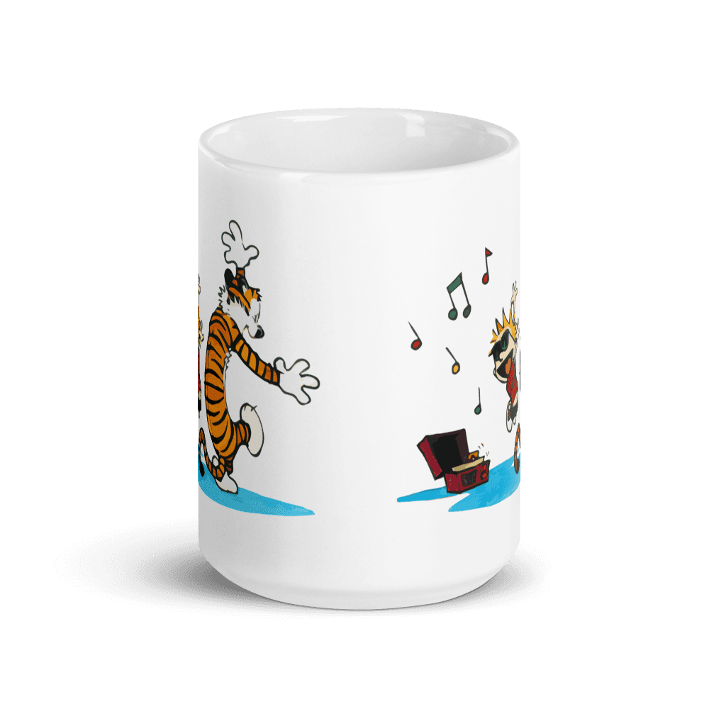 Calvin and Hobbes Dancing With Record Player Mug