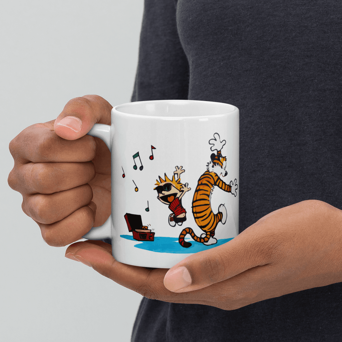 Calvin and Hobbes Dancing With Record Player Mug