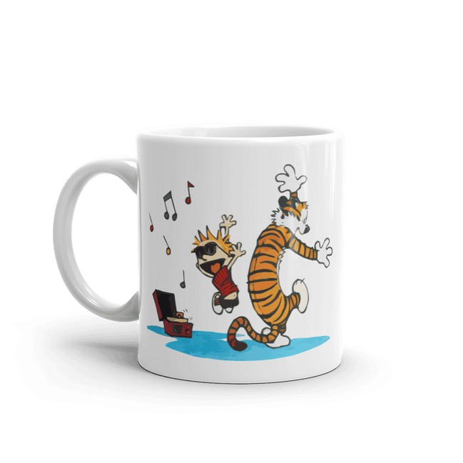 Calvin and Hobbes Dancing With Record Player Mug