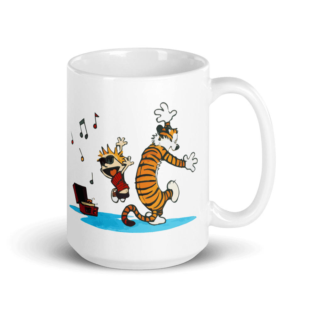 Calvin and Hobbes Dancing With Record Player Mug