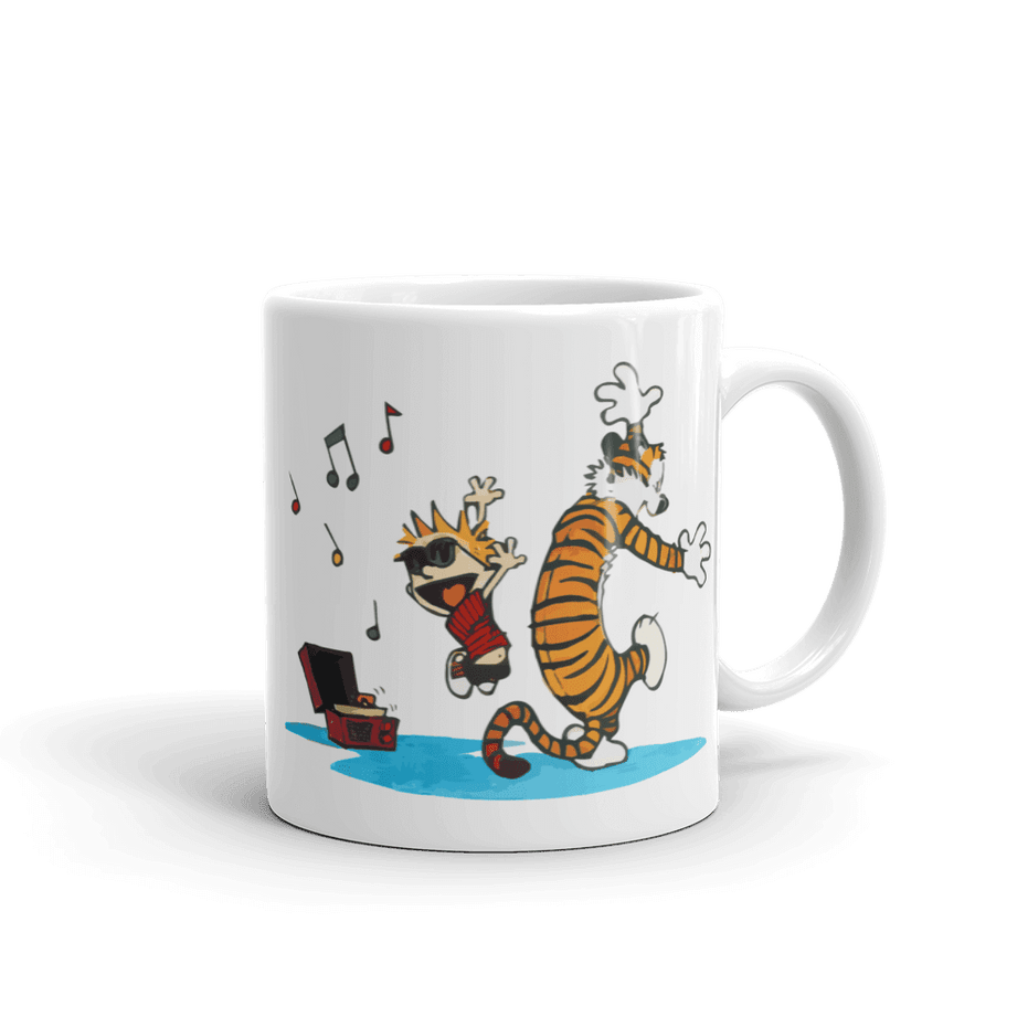 Calvin and Hobbes Dancing With Record Player Mug