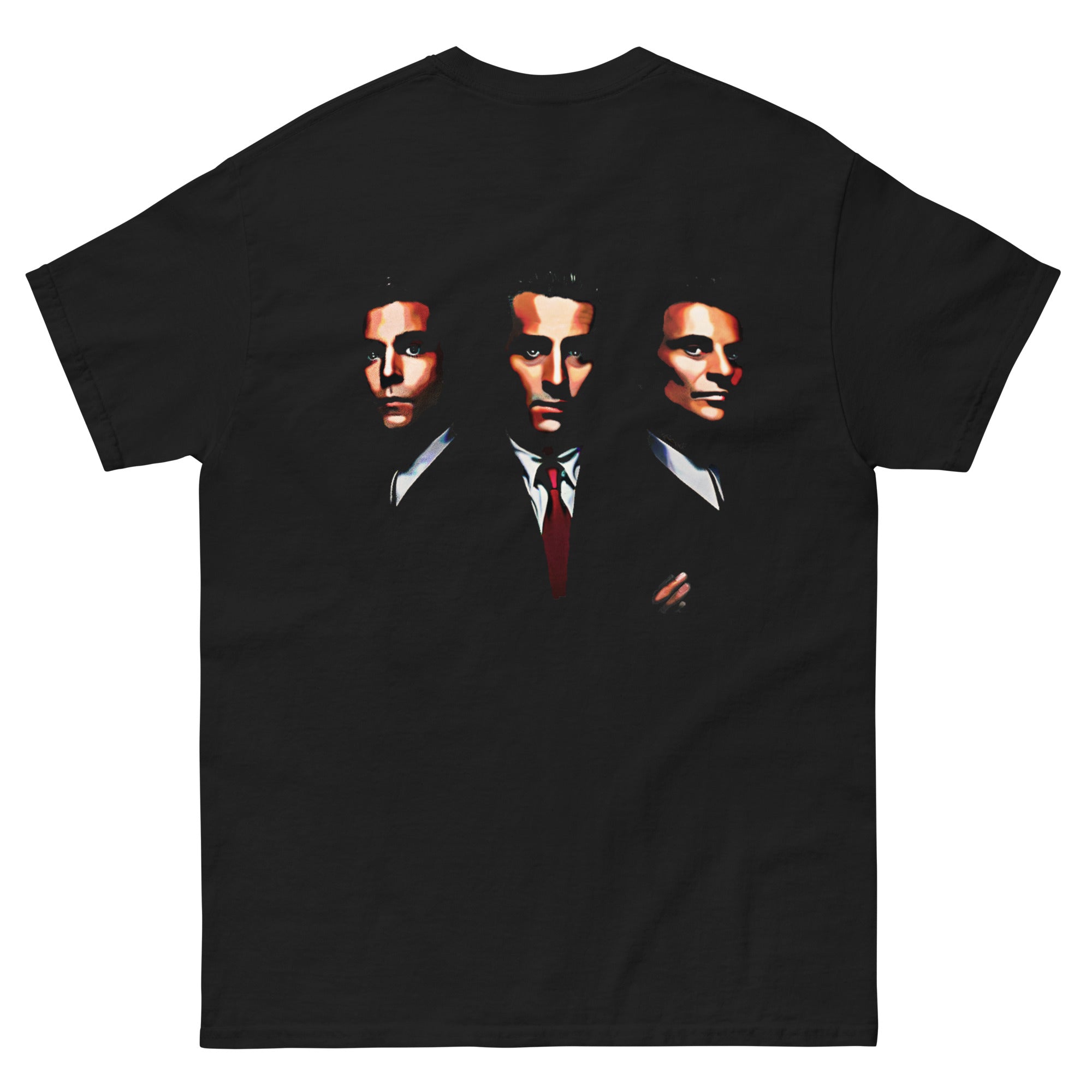 A black crew neck t-shirt featuring a graphic print of three male figures in suits, styled in a similar vein to the GoodFellas movie poster.