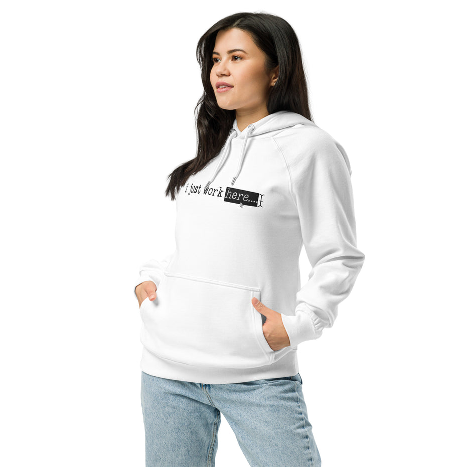 "I Just work here" Kimante Unisex Eco Raglan Hoodie