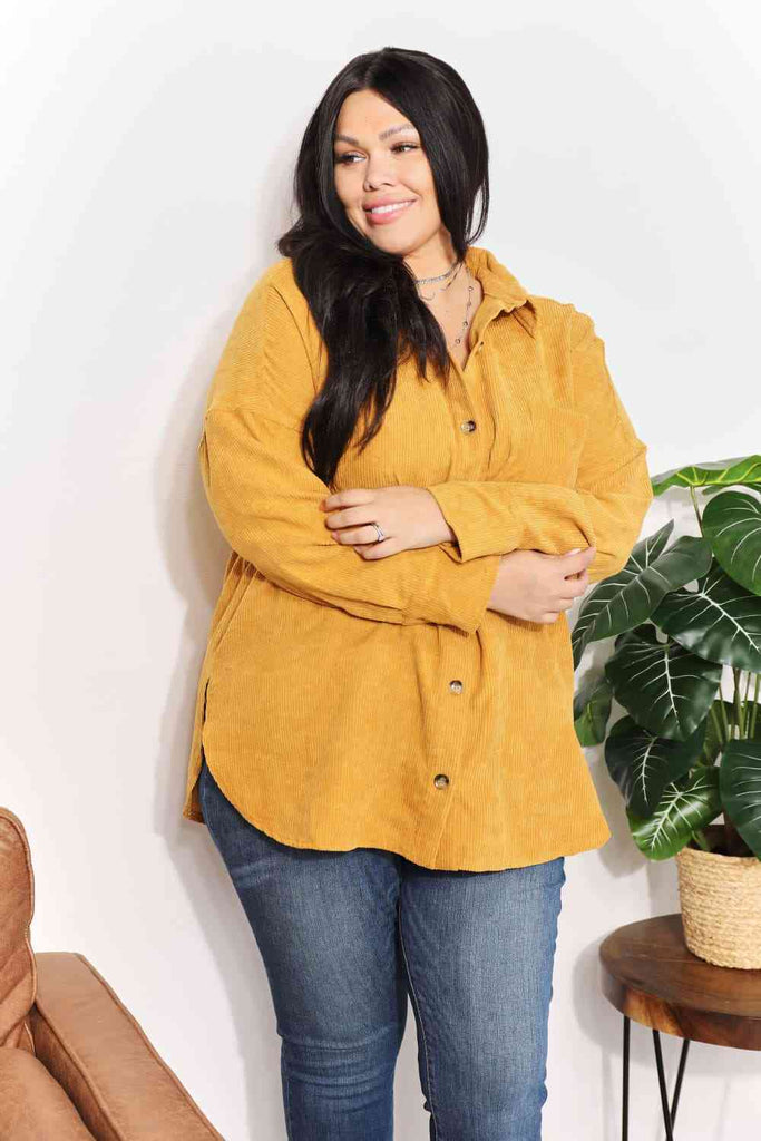 HEYSON Full Size Oversized Corduroy  Button-Down Tunic Shirt with Bust Pocket
