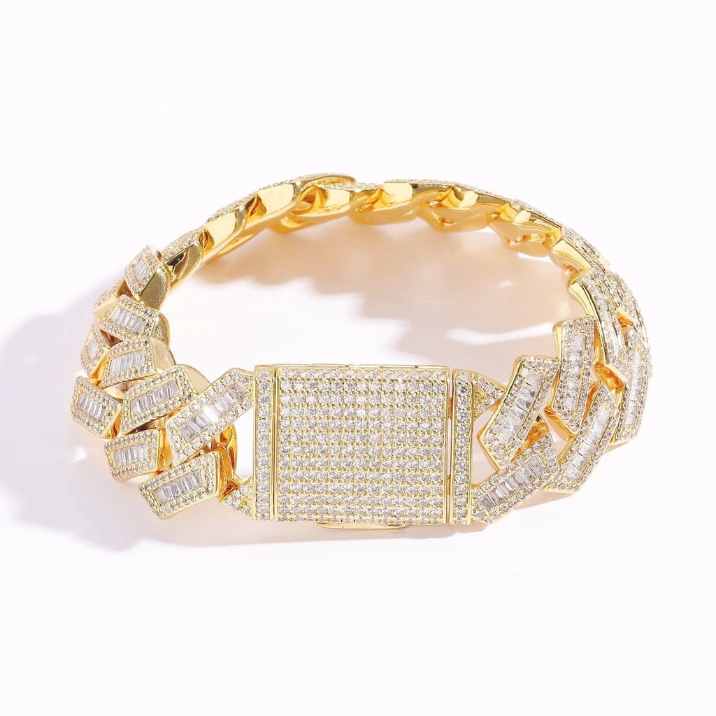 20mm Baguette Cut Moissanite Diamond Prong Cuban Link Bracelet in 14K Gold by Bling Proud | Urban Jewelry Online Store