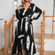 Printed Tie Front Ruffle Trim Long Sleeve Dress