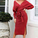 Surplice Neck Bow Waist Slit Sweater Dress