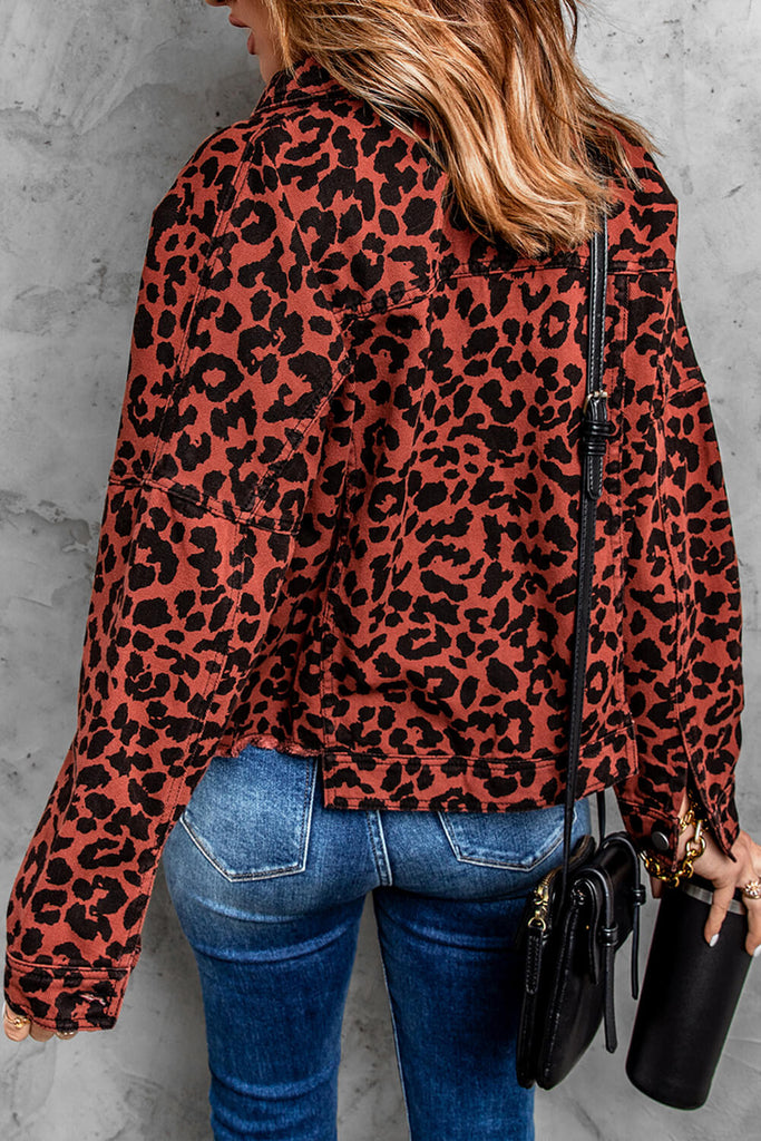 Double Take Leopard Print Raw Hem Jacket