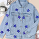 Pocketed Geometric Collared Neck Denim Jacket