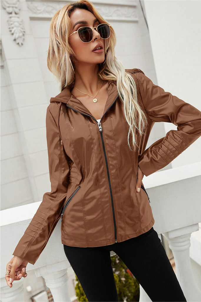 Zip Up Drawstring Hooded PU Jacket by Sensual Fashion Boutique