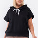 Black Short Wing Sleeve Relaxed Fit White Draw String Tie Hood Detail Top