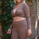 Plus Mocha Plunge Neck Long Sleeve Self-tie Back Or Front Waist Top & High-waisted Skinny Pants Set