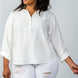 Plus Size Oatmeal Stand-up Collar Roll Tab Sleeve Blouse