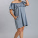 Off Shoulder Ruffled Denim Dress With Frayed Hem & Pockets