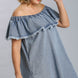 Off Shoulder Ruffled Denim Dress With Frayed Hem & Pockets