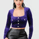 Lux Diamon Velvet Buttons Open Back Square Neck Long Sleeves Cropped Top