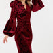Flower Patch Flocked Velvet Fitted Midi Dress With Puff Sleeves
