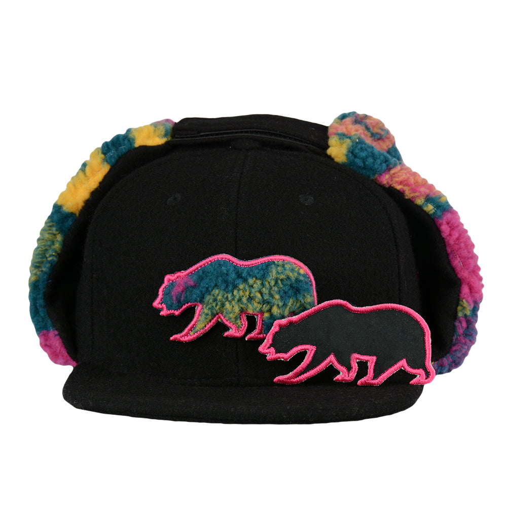Removable Bear Trippy Tundra Black Earflap Snapback Hat by Grassroots California