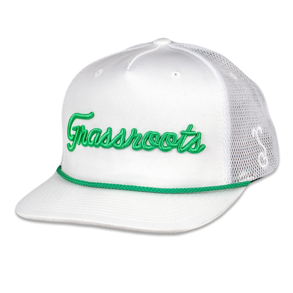 Golfroots Script White Mesh Snapback Hat by Grassroots California