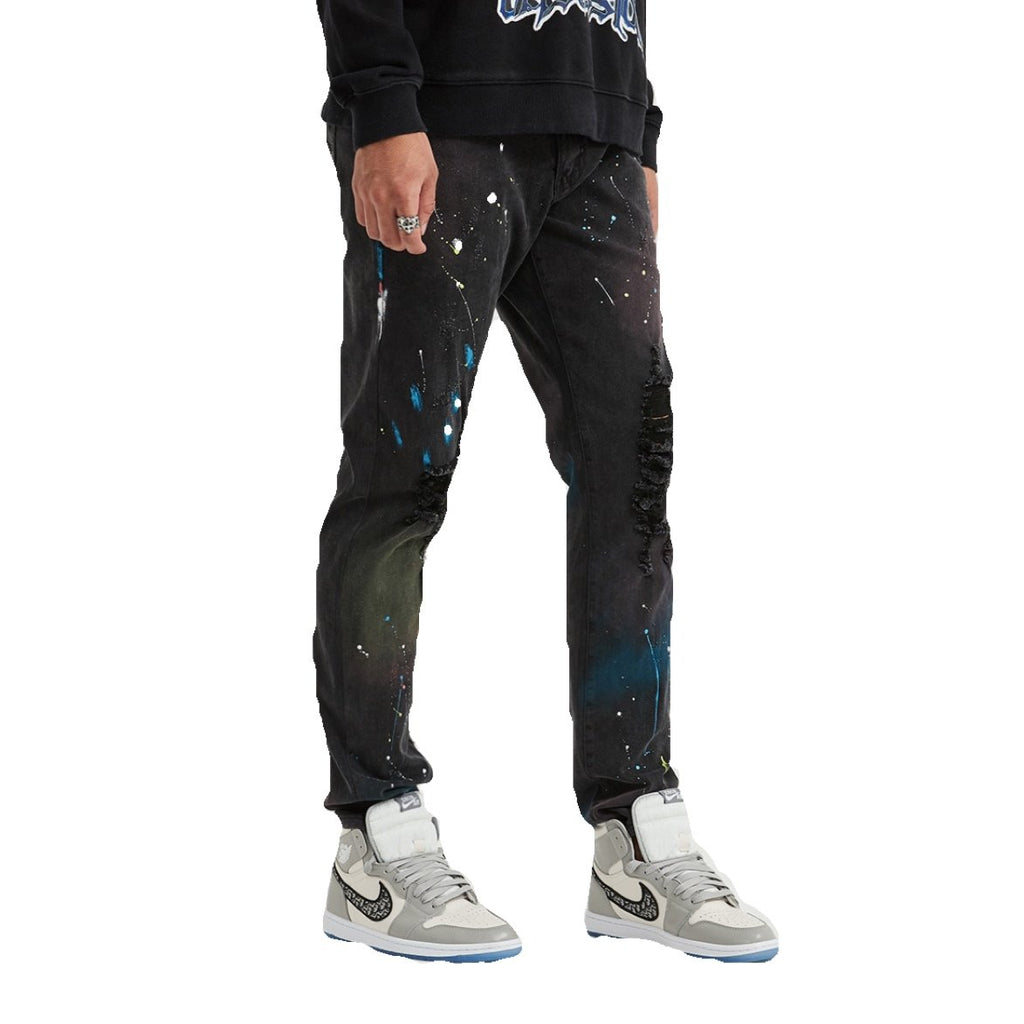 Land of Nostalgia 2020 Fashion High Street Knees Ripped Jeans Ink-Splashes Stretch Denim Torn Jeans for Boys by Land of Nostalgia