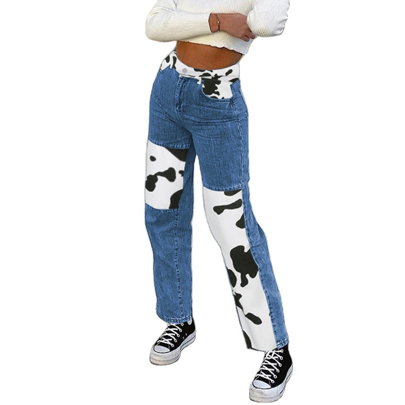 Land of Nostalgia High Waist Women's Denim Cow Patchwork Trousers Jeans by Land of Nostalgia