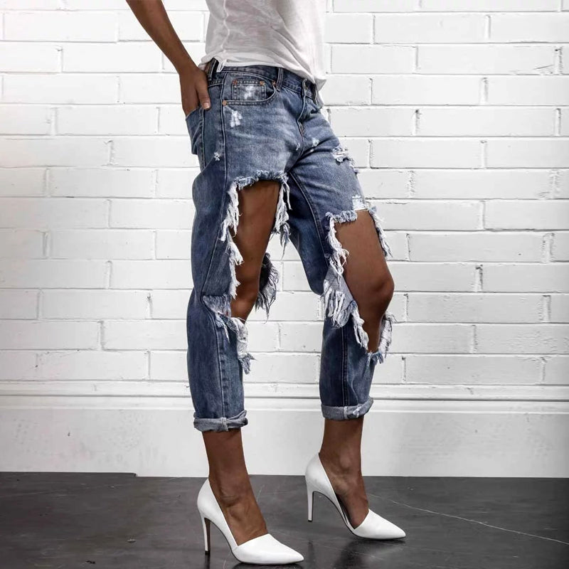 Land of Nostalgia Summer Fashion Ripped Hole Light Blue Denim Pants Jeans for Women by Land of Nostalgia