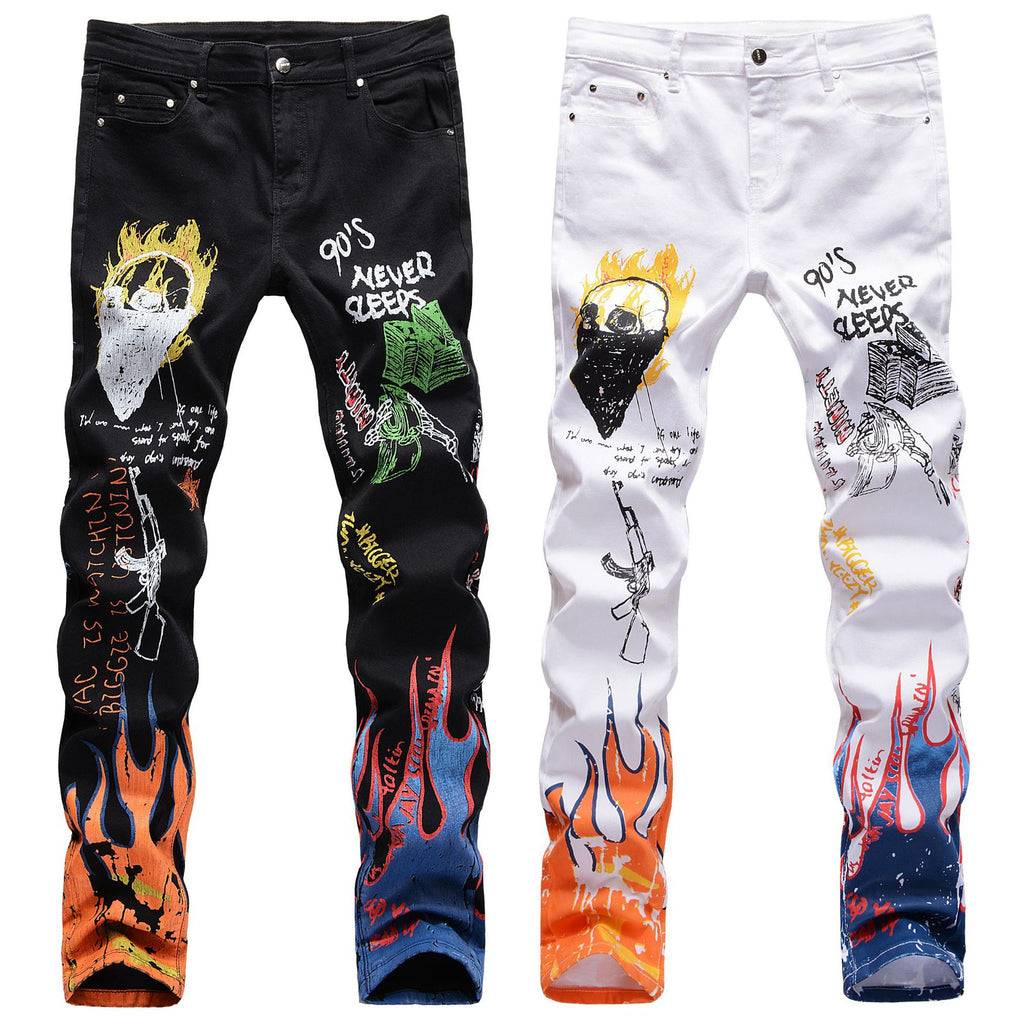Men's Letters Flame Printed Patterned Jeans