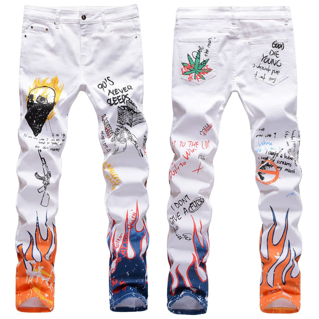 Men's Letters Flame Printed Patterned Jeans