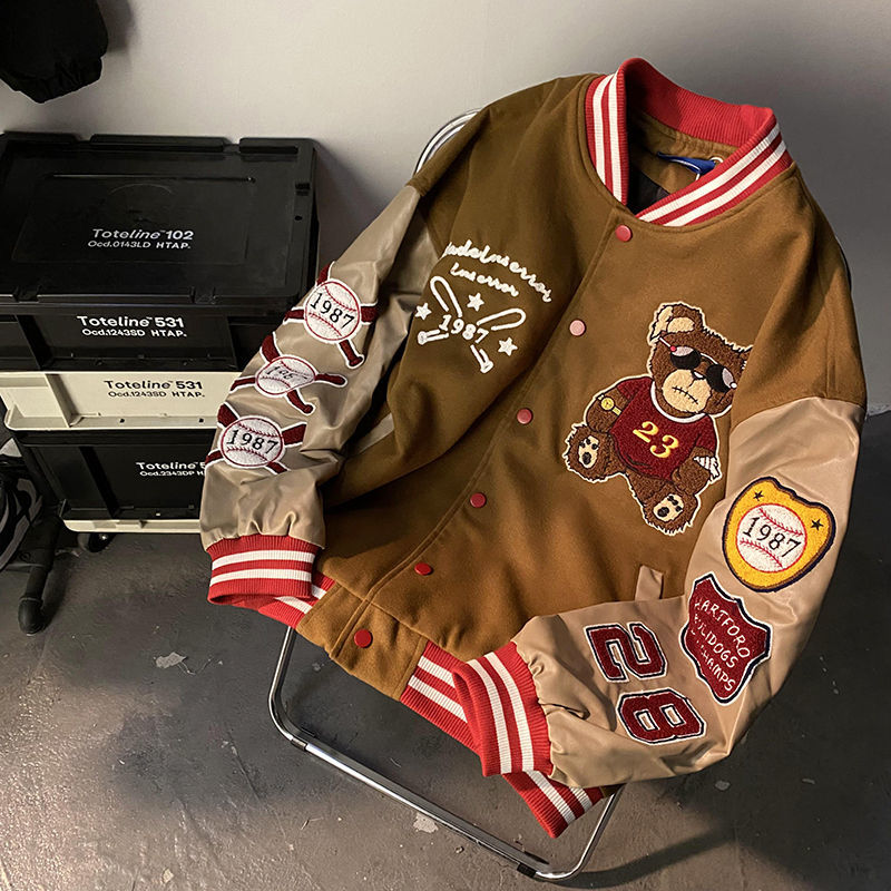 Retro Bear Embroidered Baseball Letterman Jacket