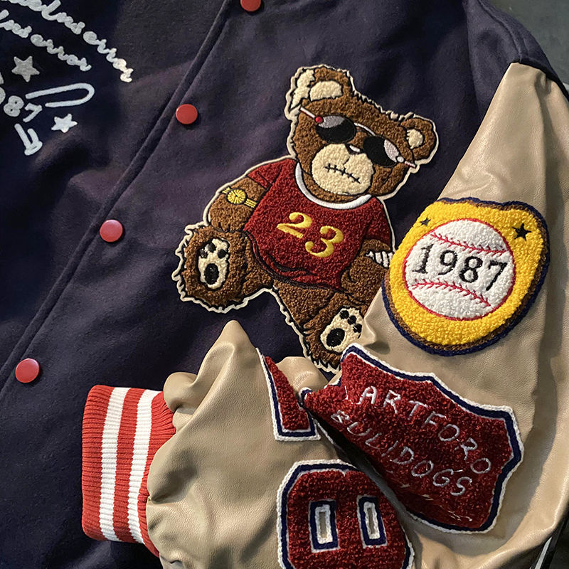 Retro Bear Embroidered Baseball Letterman Jacket