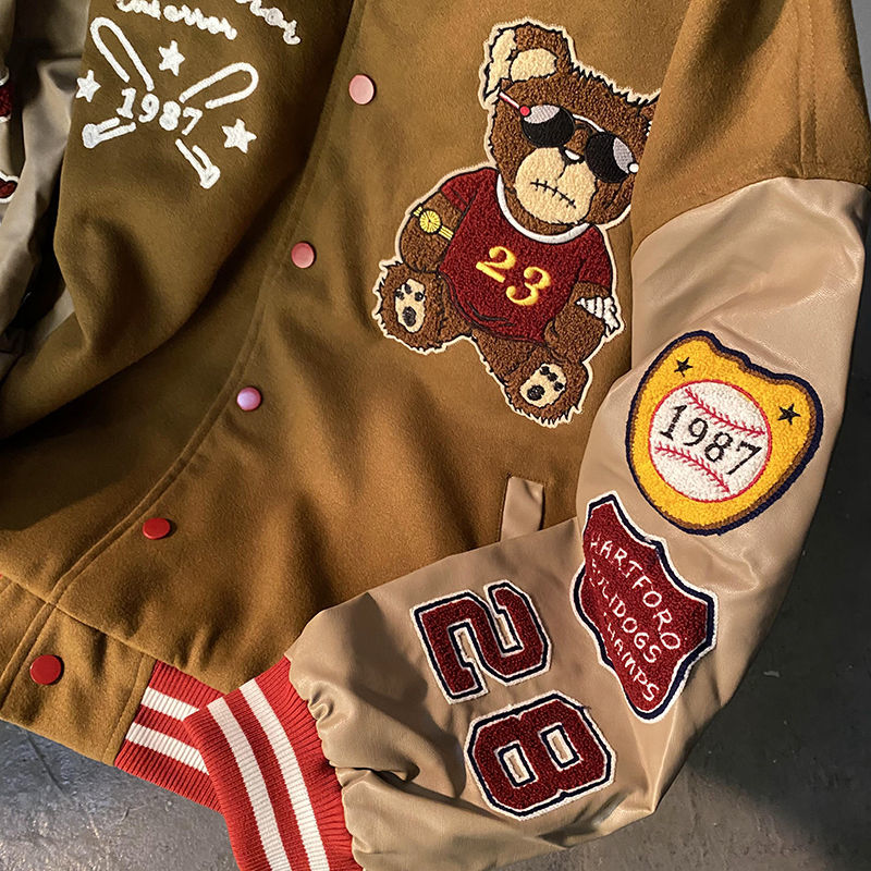 Retro Bear Embroidered Baseball Letterman Jacket